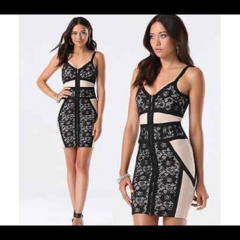 BEBE BLACK AND NEUTRAL BANDAGE DRESS
